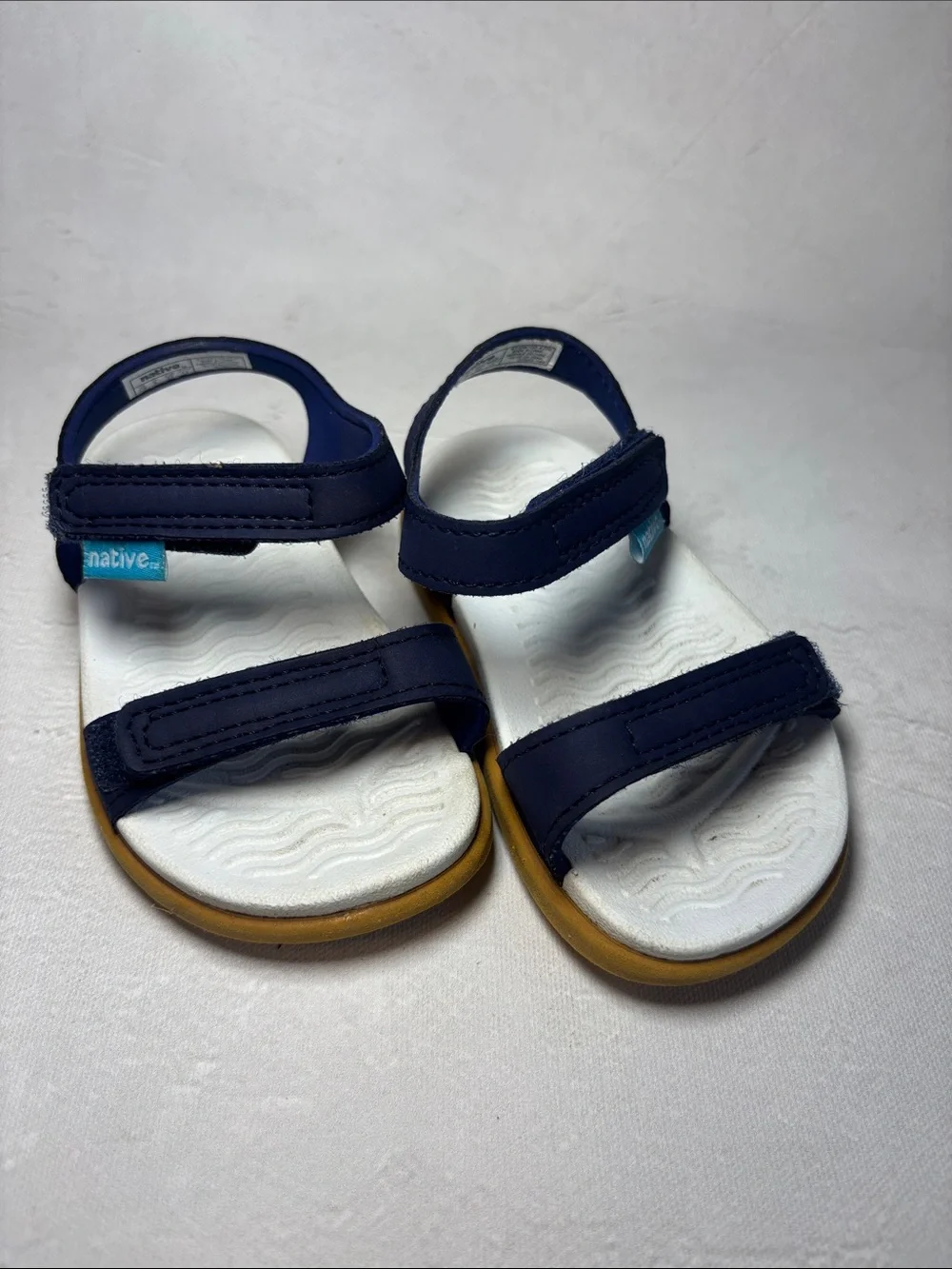 Native Kids Navy and White Sandals with Tan Sole, size 6 US toddler, waterproof